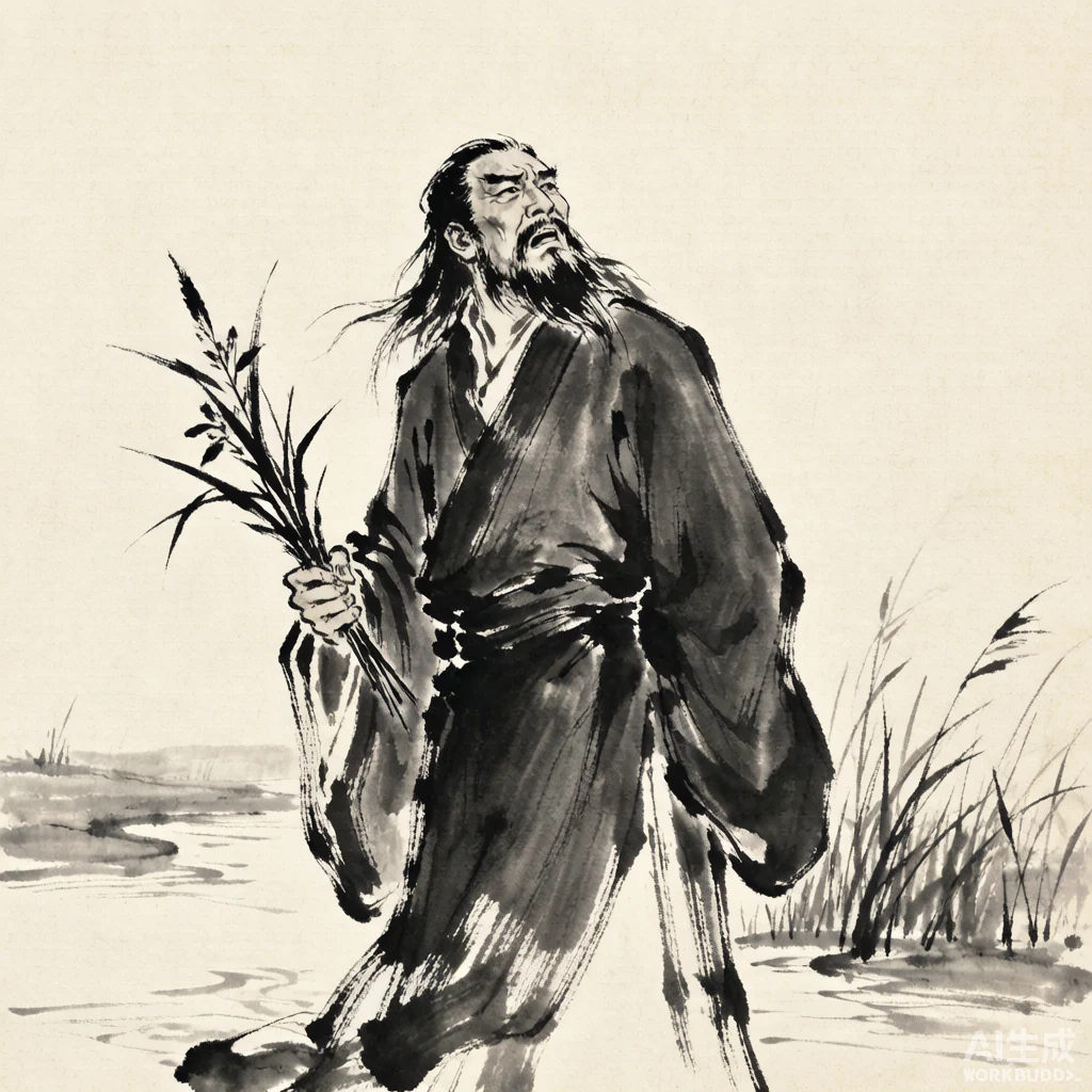 屈原国画风格艺术画像（非真实相貌复原）